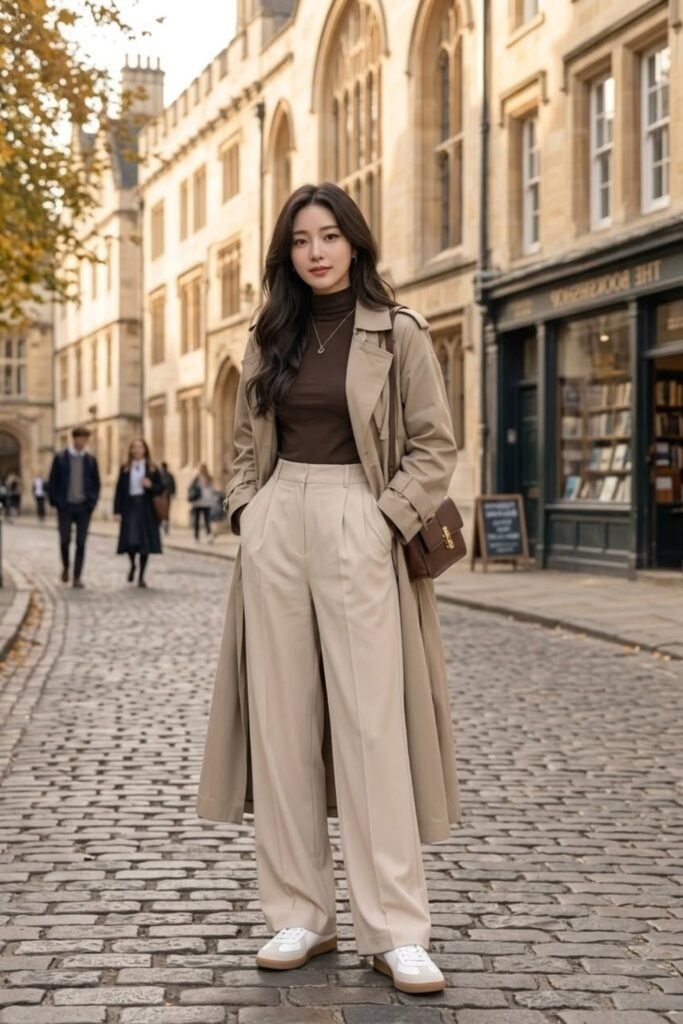 1. Beige Trench with Brown Turtleneck and Cream Wide-Leg Trousers