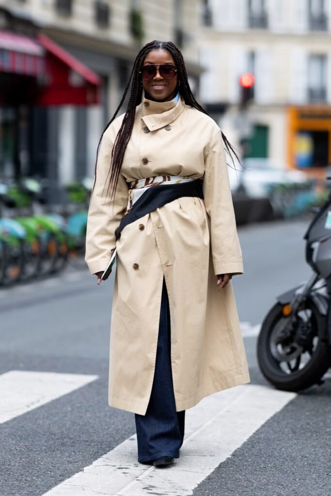 2. Oversized Trench with Silk Scarf Belt and Dark Flares