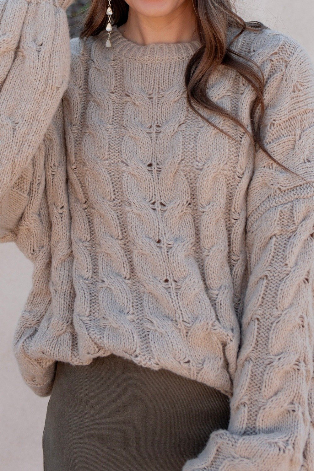 12. Pointelle Cable Sweater with a Pearl Drop Earring