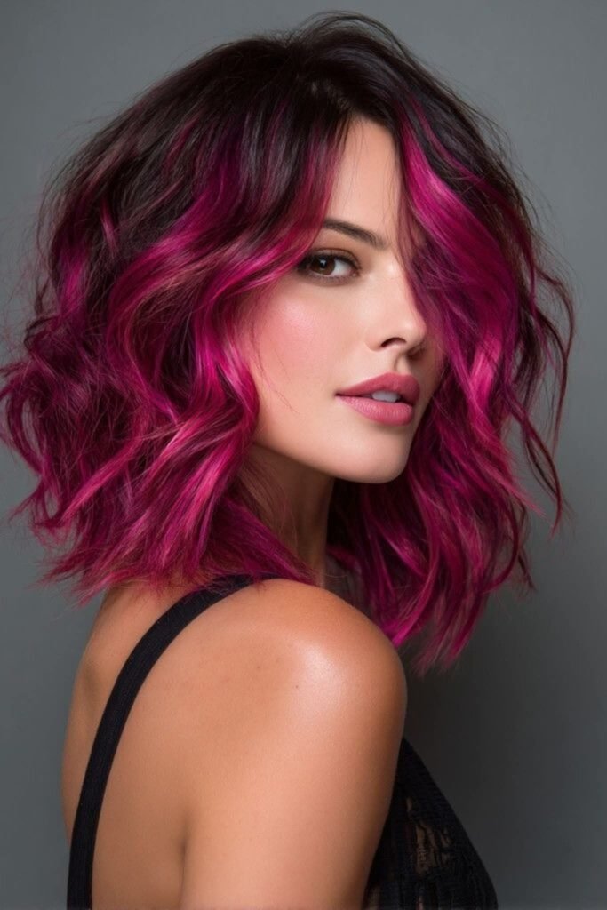1. Magenta-Tipped Wavy Lob with Dark Roots