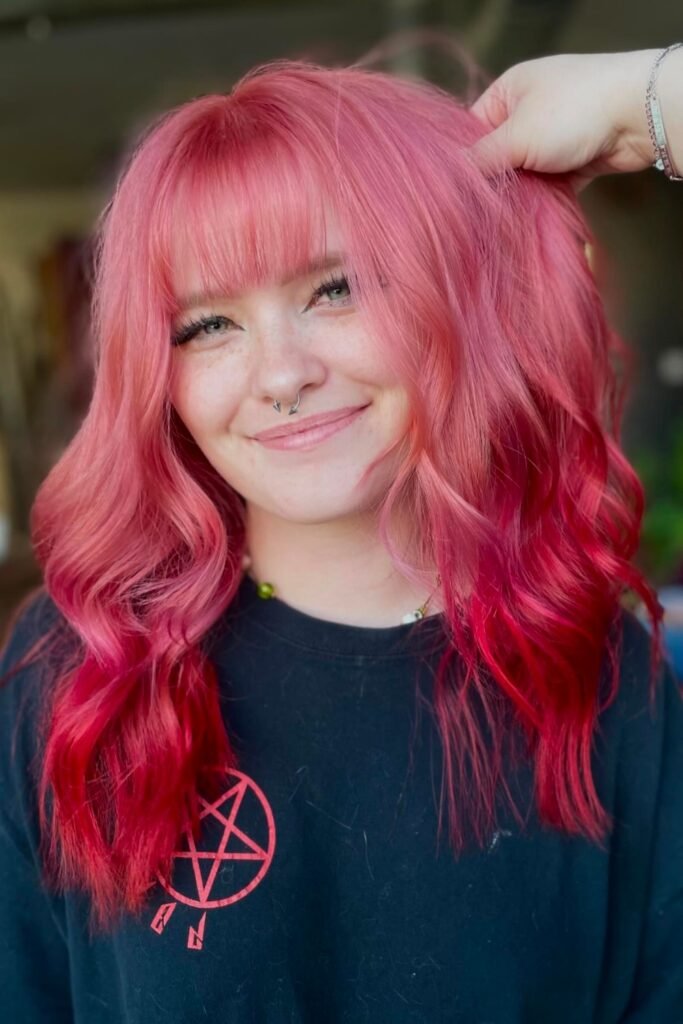19. Rose Pink to Cherry Red Ombre with Wispy Bangs