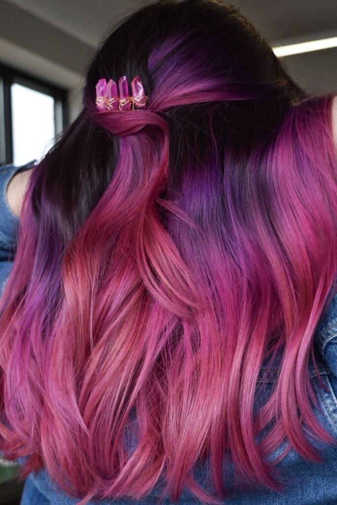 20. Violet-to-Mulberry Pink Half-Up with a Crystal Clip