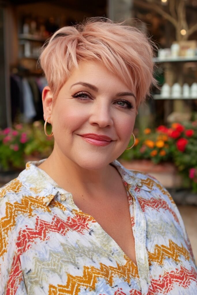 6. Peachy Rose Gold Textured Pixie