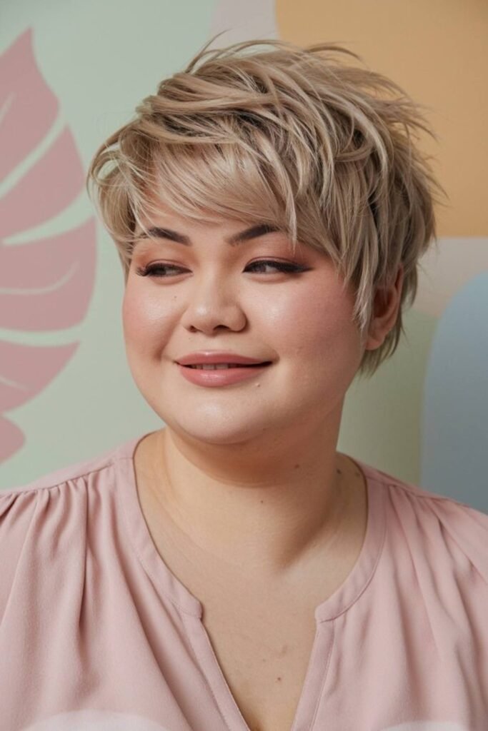 20. Layered Champagne Pixie with Feathery Bangs