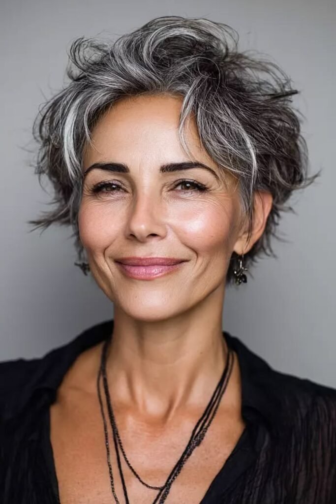 1. (Salt and Pepper Tousled Wavy Pixie)