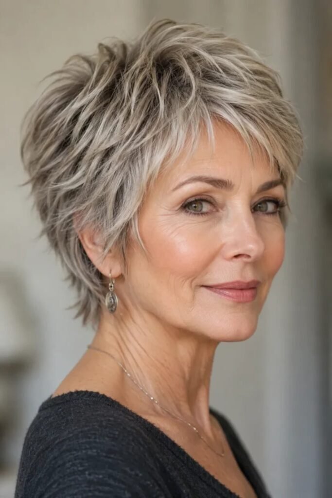 13. (Silver Ash Shag Pixie with Crown Volume)