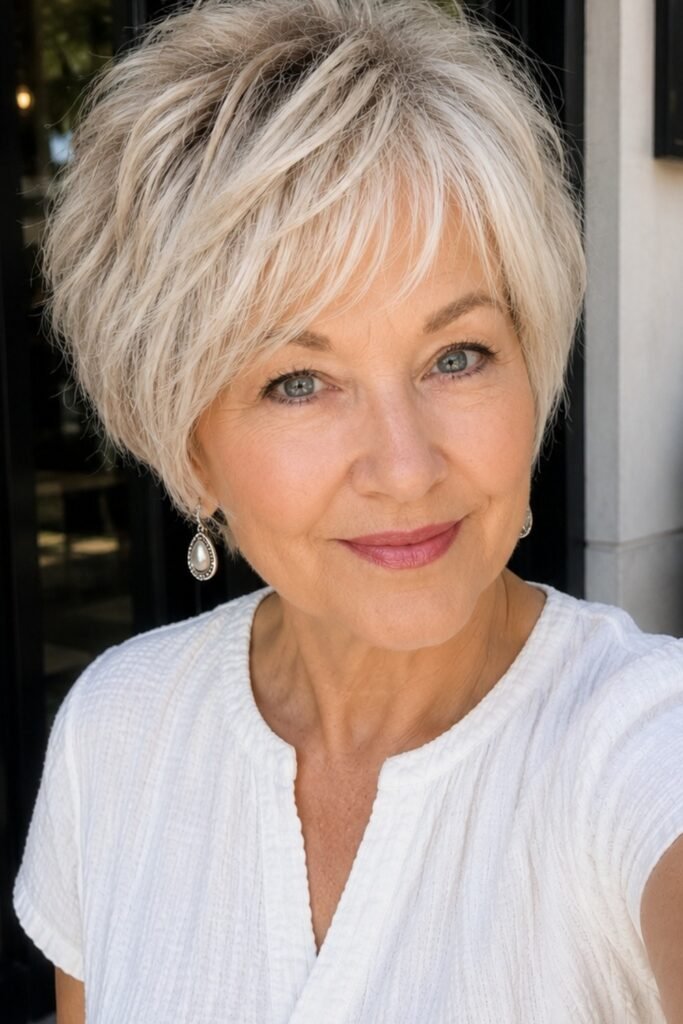 15. (Soft Platinum Pixie with Layered Bangs)