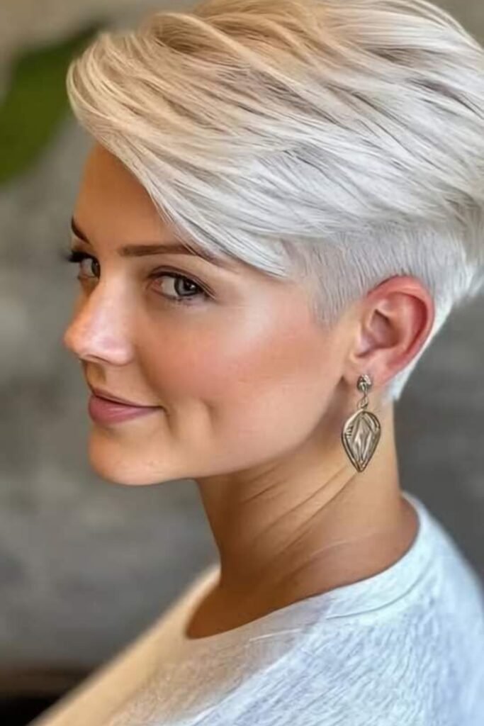 4. Cool Silver Blonde Side-Swept Pixie