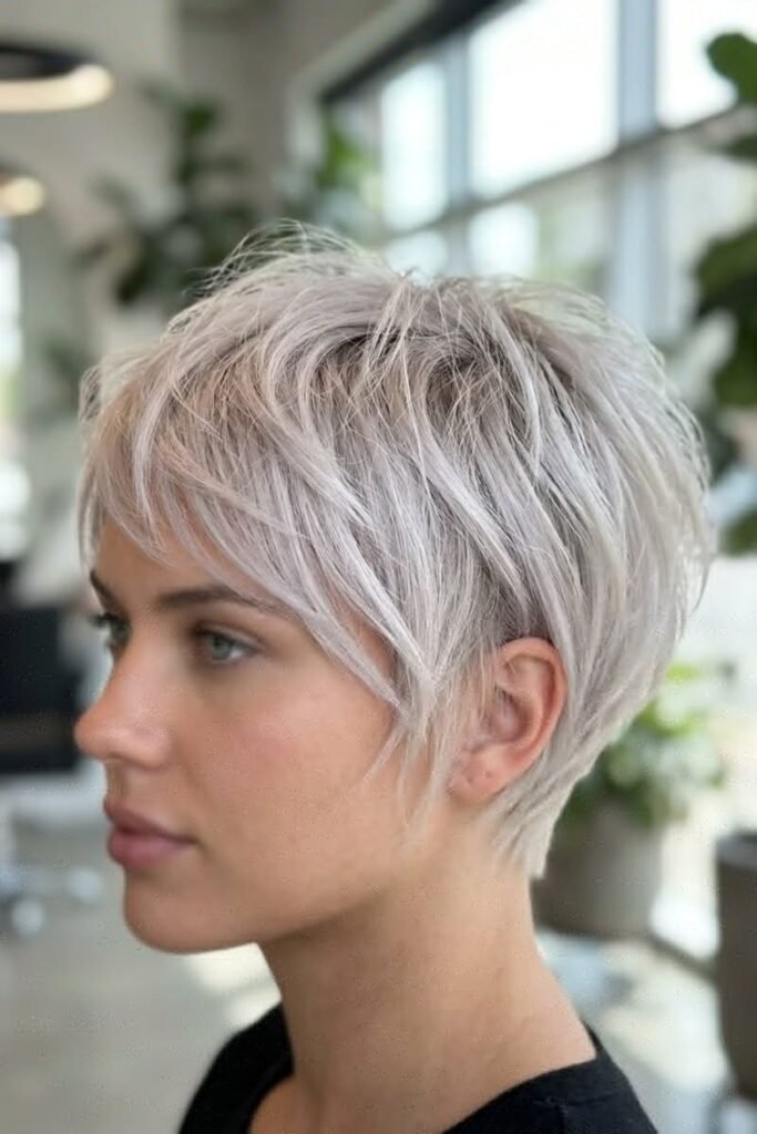 5. Lavender-Silver Shaggy Pixie With Long Bangs