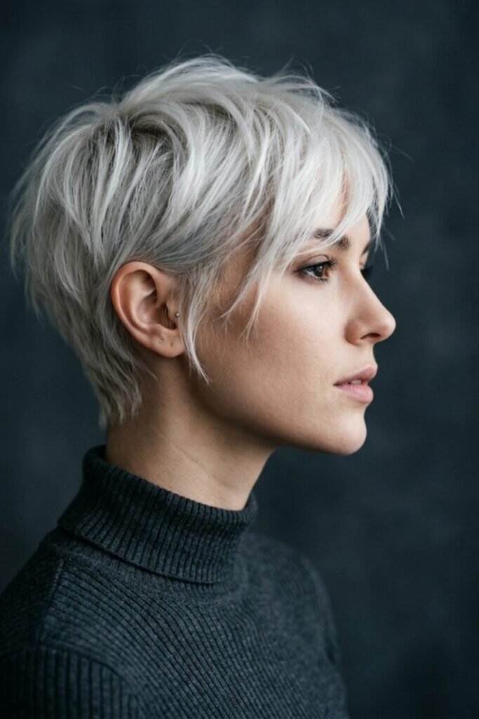 6. Silver Shaggy Pixie With Wispy Bangs