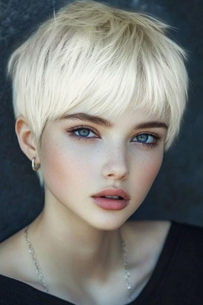 7. Bright Platinum Pixie With Soft Bangs