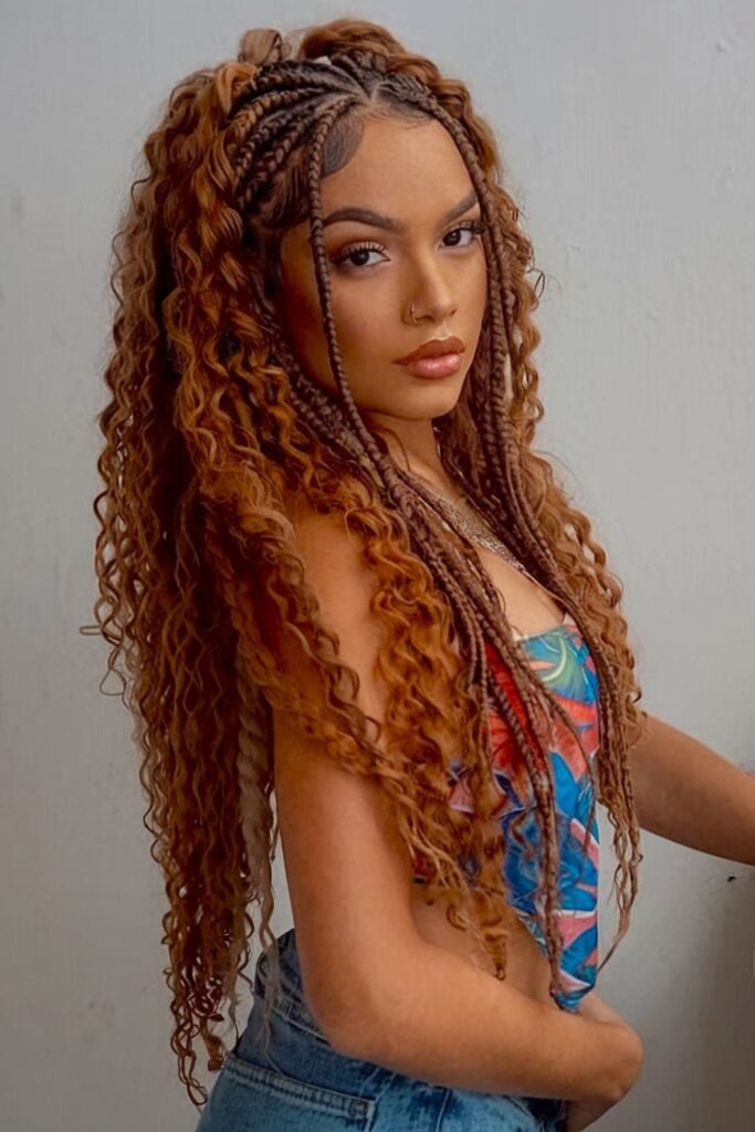 9. (Copper Boho Knotless Braids with Curly Ends)