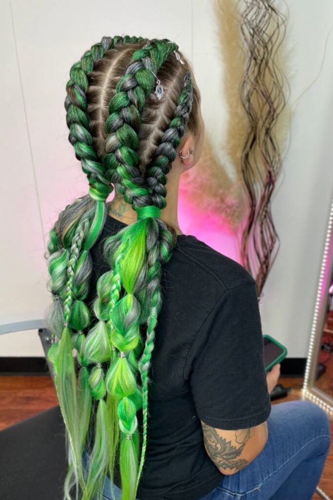 10. (Emerald and Neon Green Bubble Braid Pigtails)