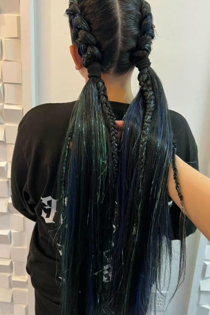 12. (Black Dutch Pigtails with Tinsel Sparkle)
