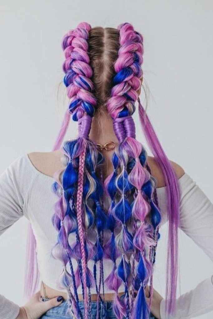 13. (Pink and Blue Jumbo Dutch Braids with Bubble Tails)