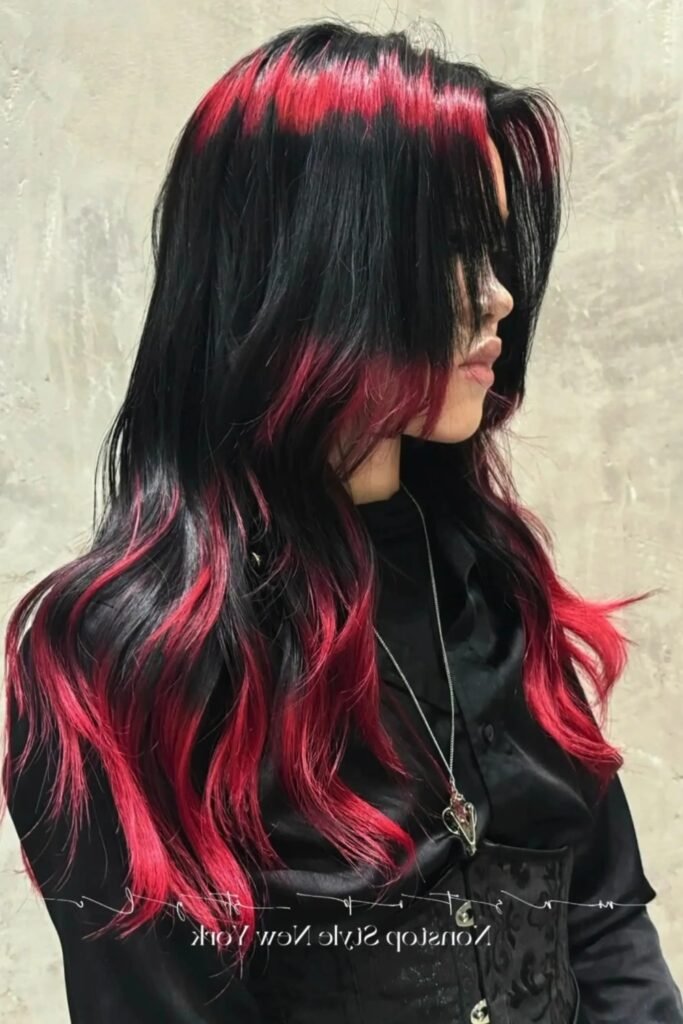 9. Black Hair with Bold Red Block Color