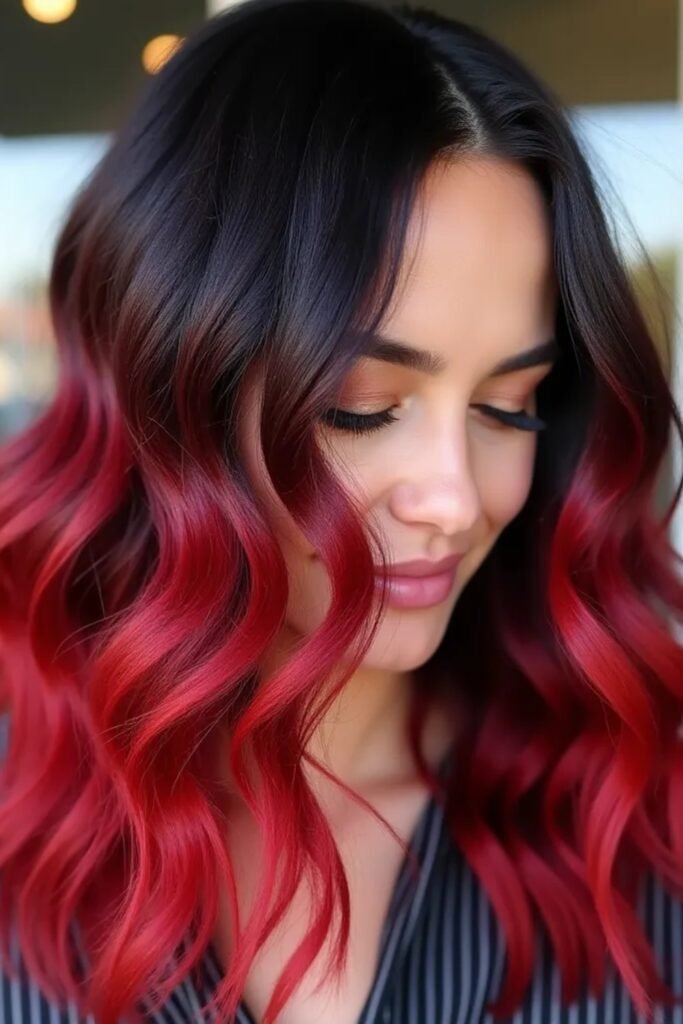 14. Glossy Black Waves with a Cherry Red Ombre