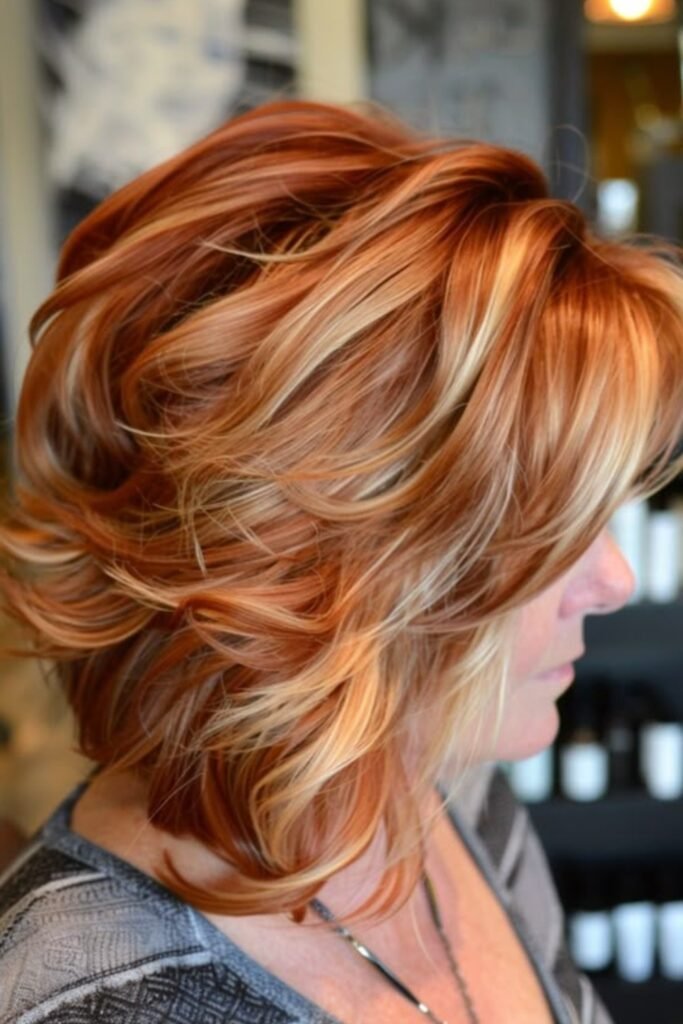 5. Feathered Copper Bob with Honey Blonde Highlights