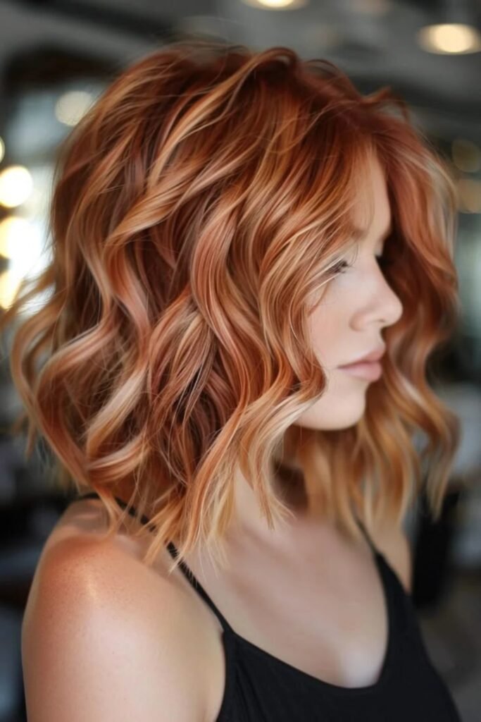 8. Rose Copper Wavy Lob with Soft Blonde Ribbons