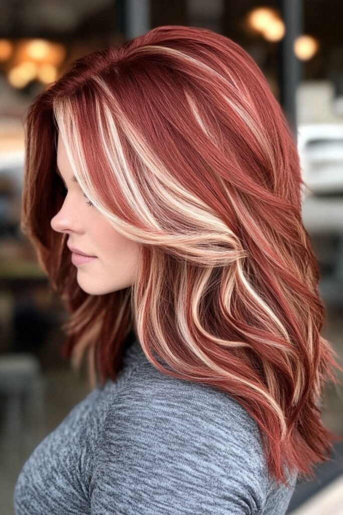9. Cherry Burgundy Layers with Bold Blonde Face Framing
