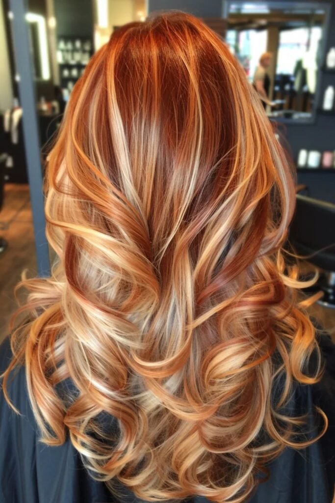10. Voluminous Copper Curls with Champagne Blonde