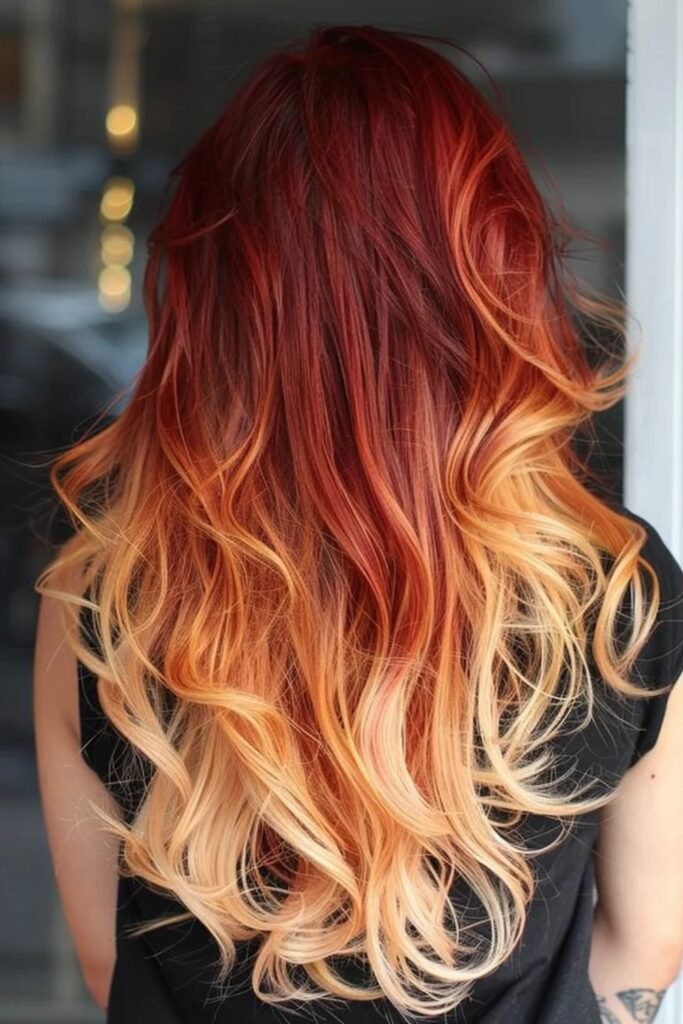 14. Crimson Flame Ombre with Glowing Blonde Tips