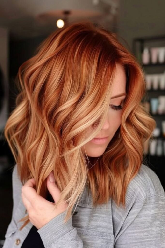 18. Copper Lob with Golden Blonde Face-Framing Layers