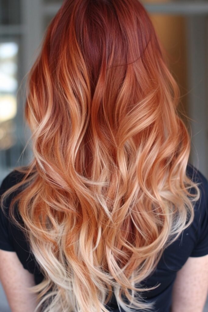 20. Burgundy Sunset Balayage with Soft Blonde Ends