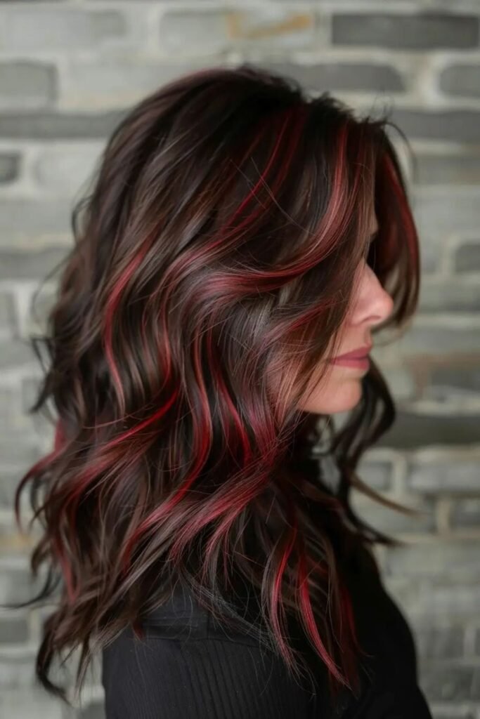 2. Bold Red Ribbons Through Dark Brown Waves