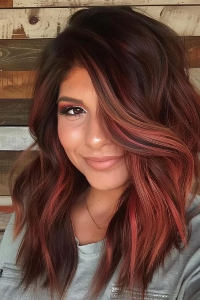 3. Rosy Copper Highlights on Layered Brown Waves