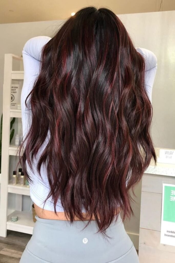 11. Subtle Cherry Burgundy Highlights on Long Brown Hair