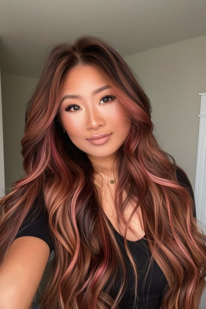 19. Rose Gold and Red Highlights on Brown Layers