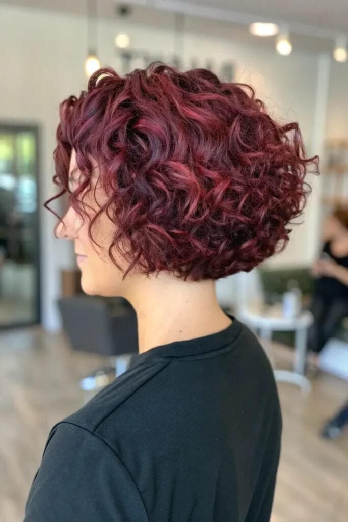 7. Short Curly Stack in Red Violet With Pink Highlights