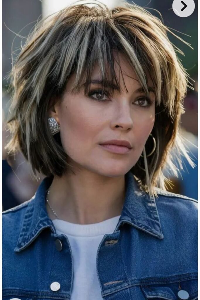 1. Chunky Blonde Highlight Shag Bob with Wispy Bangs