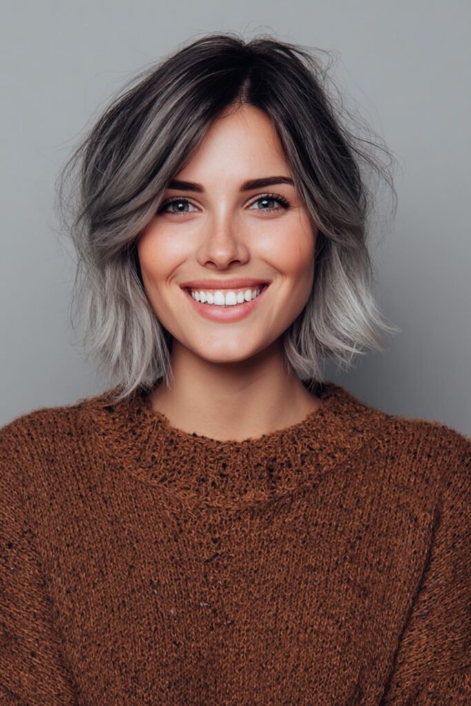 9. Silver Ombre Messy Bob with Curtain Bangs