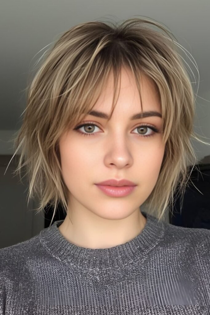 11. Rooted Dirty Blonde Shag Bob with Wispy Bangs