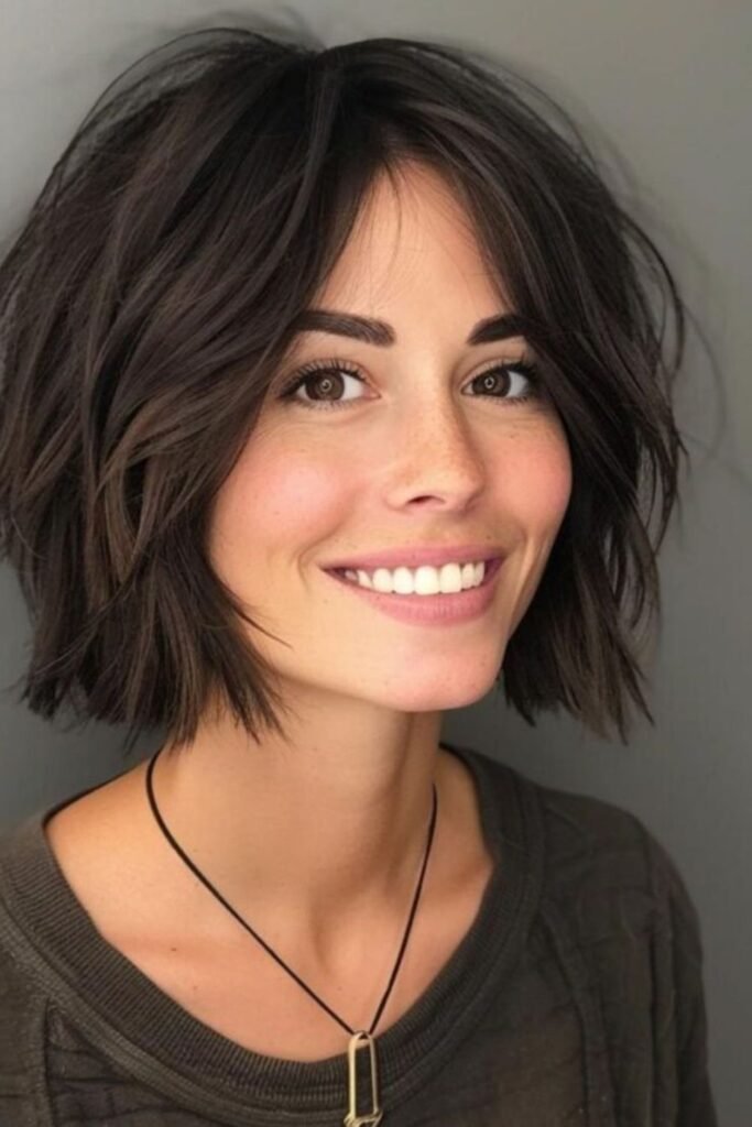 15. Dark Brown Choppy Bob with Center Part Curtain Bangs