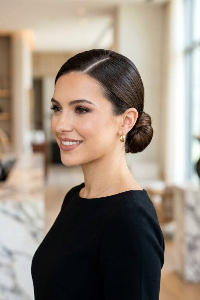 1. (Sleek Low Side Part Bun)