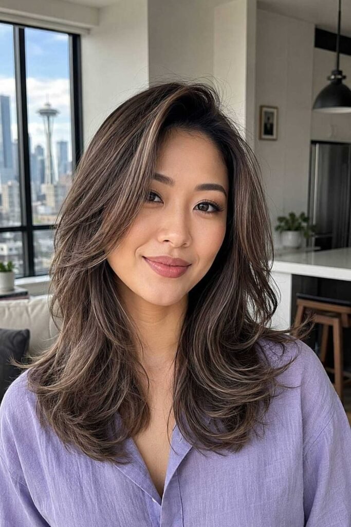 13. (Layered Brunette with Face Framing Highlights)