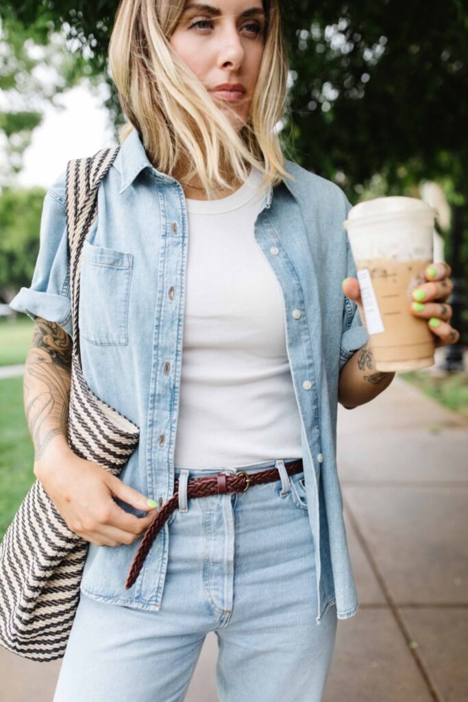 3. Chambray Shirt over a White Tank with Light Jeans