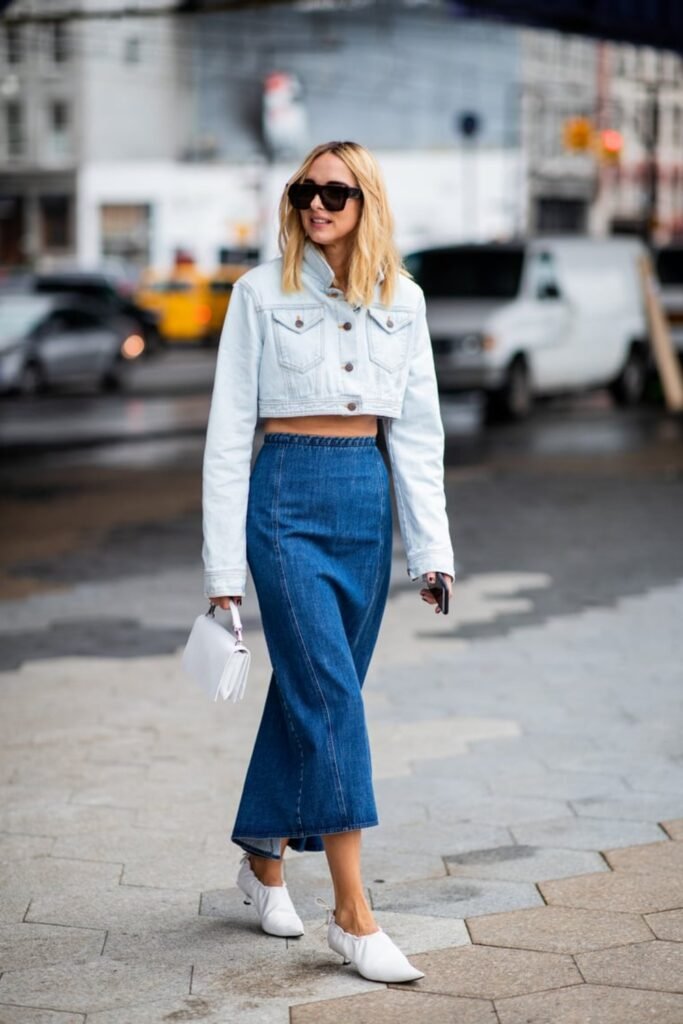 5. Cropped Pale Denim Jacket with a Long Denim Skirt