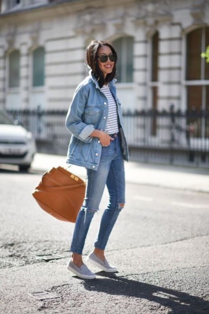 6. Oversized Denim Jacket with a Striped Tee and Skinny Jeans