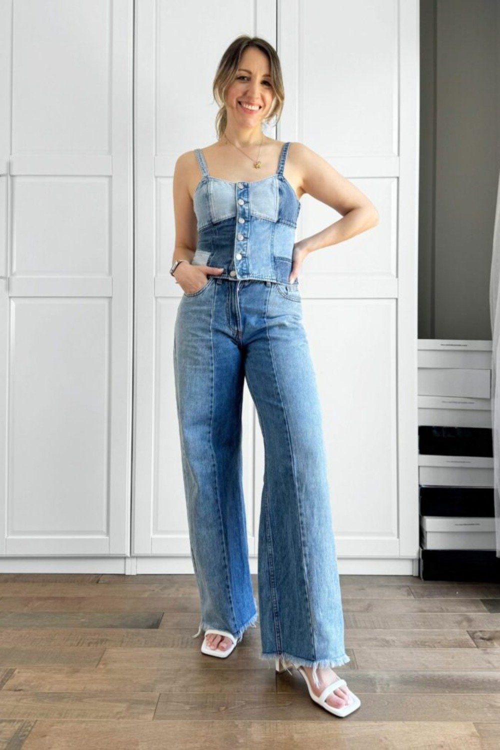 8. Patchwork Denim Top and Wide-Leg Jeans Set