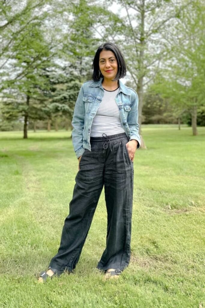 11. Denim Jacket with a Striped Tee and Black Linen Pants