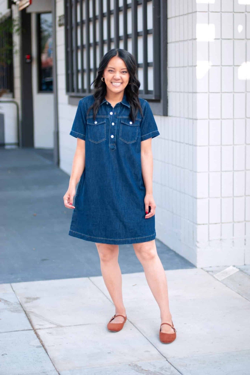 12. Dark Denim Shirt Dress with Rust Mary Jane Flats
