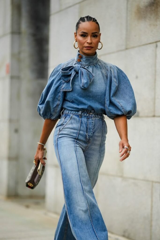 17. Puff-Sleeve Denim Blouse with Seamed Wide-Leg Jeans