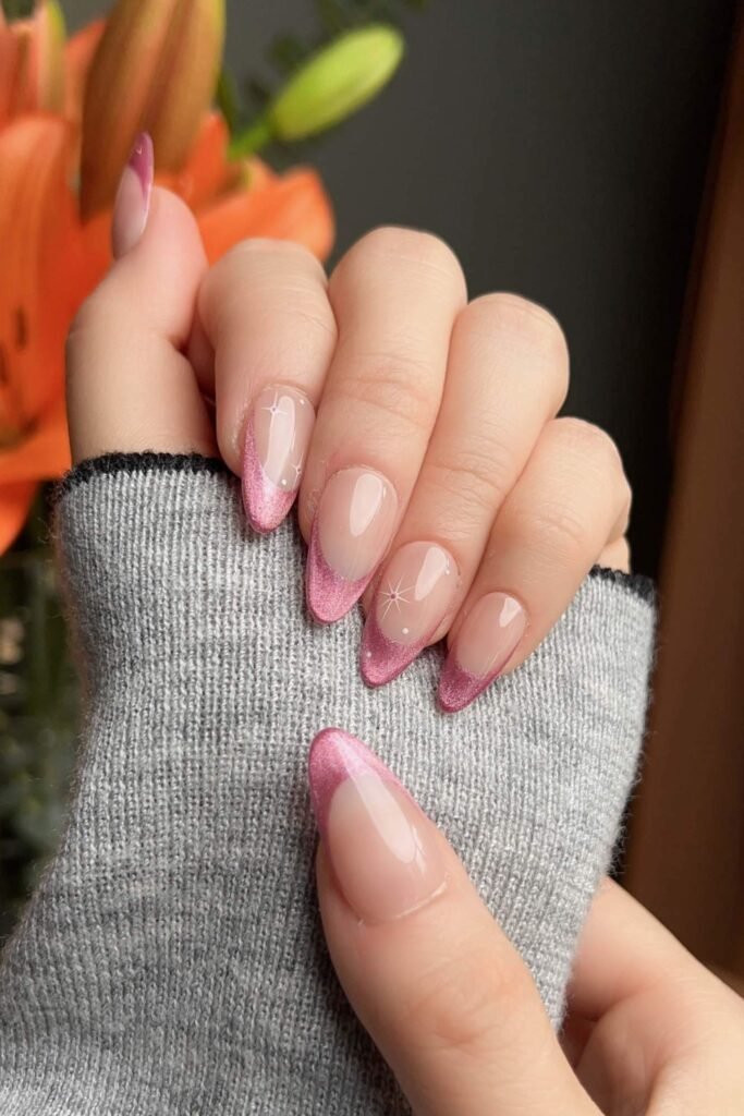 17. Pink Chrome French with Tiny Stars