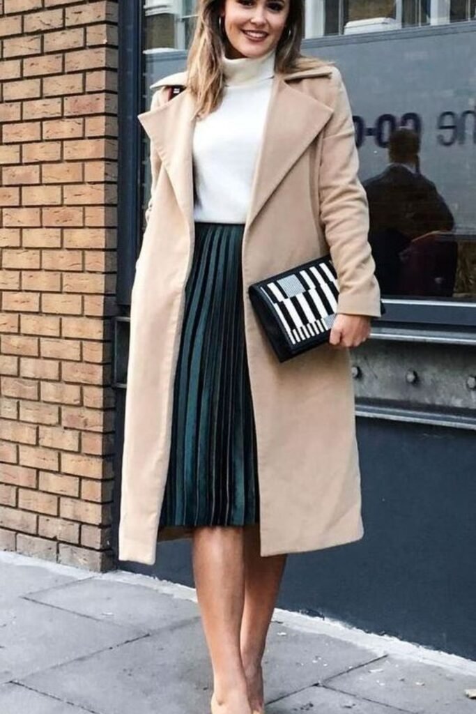 2. Camel Wrap Coat with Green Pleated Midi Skirt