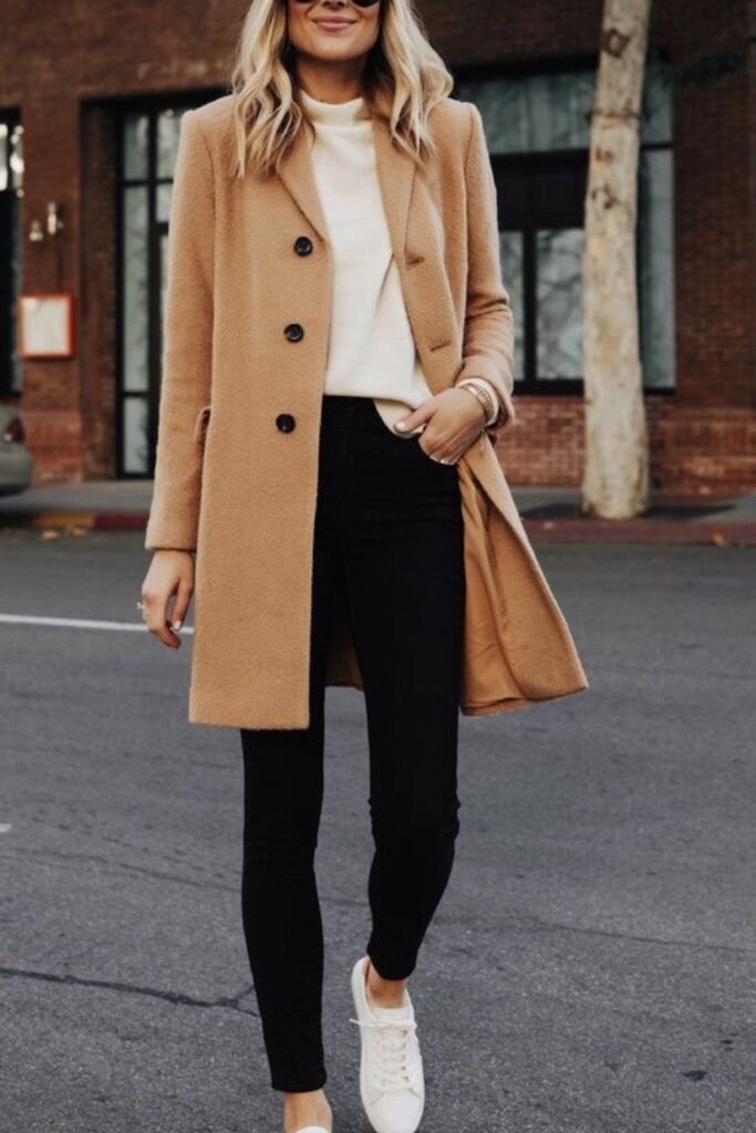 3. Classic Camel Coat with Cream Knit and Black Jeans