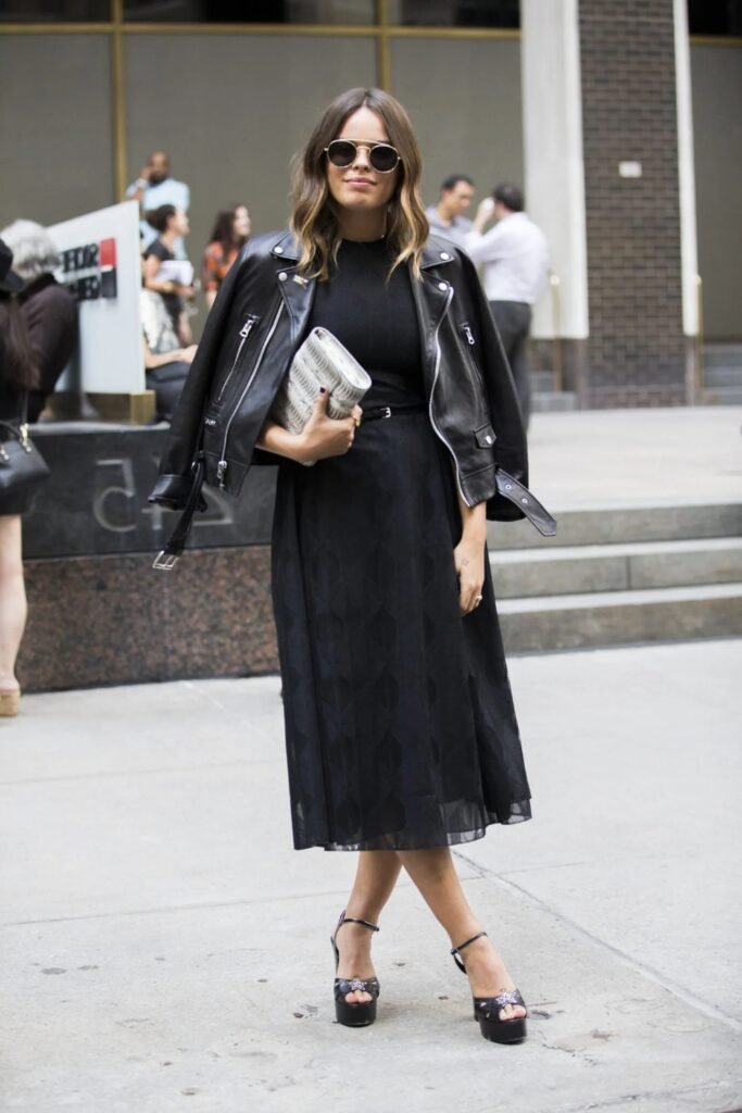 5. Leather Moto Jacket with Black Midi Dress